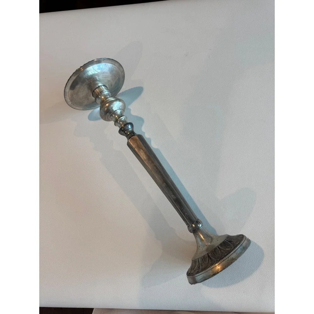 Vintage Silverplate Hexagonal Pillat Candle Holder Tall Embossed Leaf Base 14.5